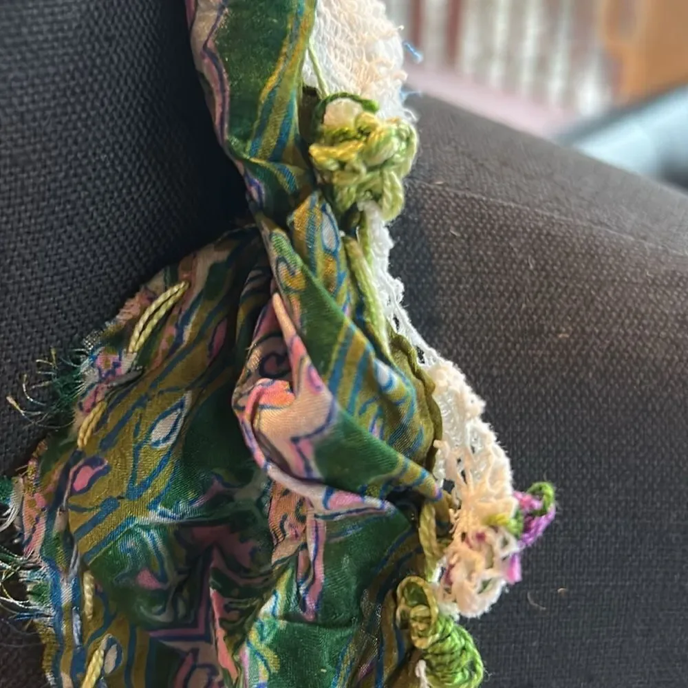 Hand Crafted head scarf hat band antique silk lace embroidered Multi floral